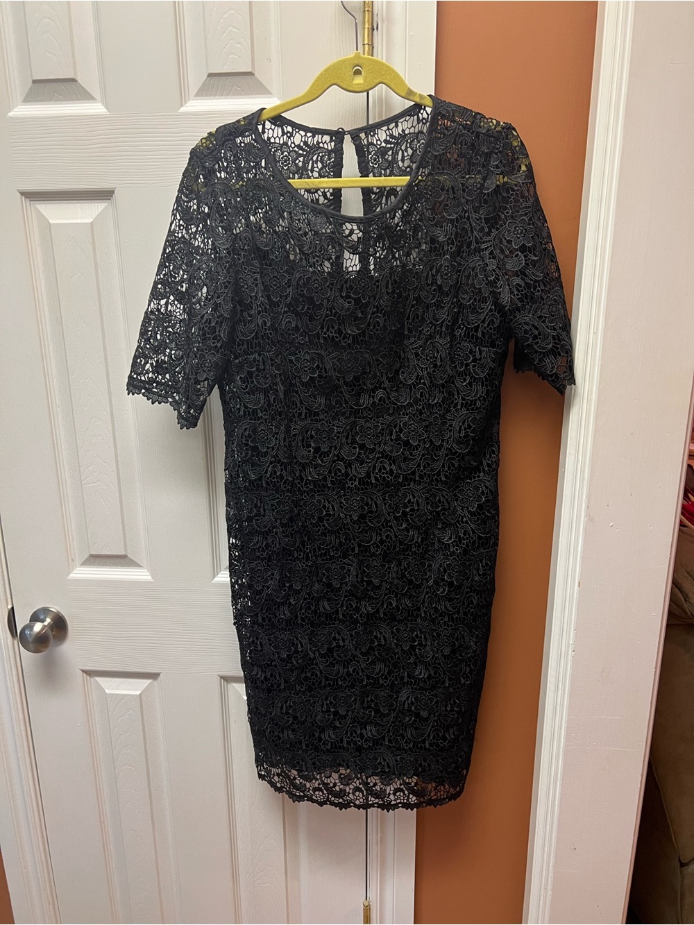 Women's Black Lace Midi Dress - Classic Elegant Sheath